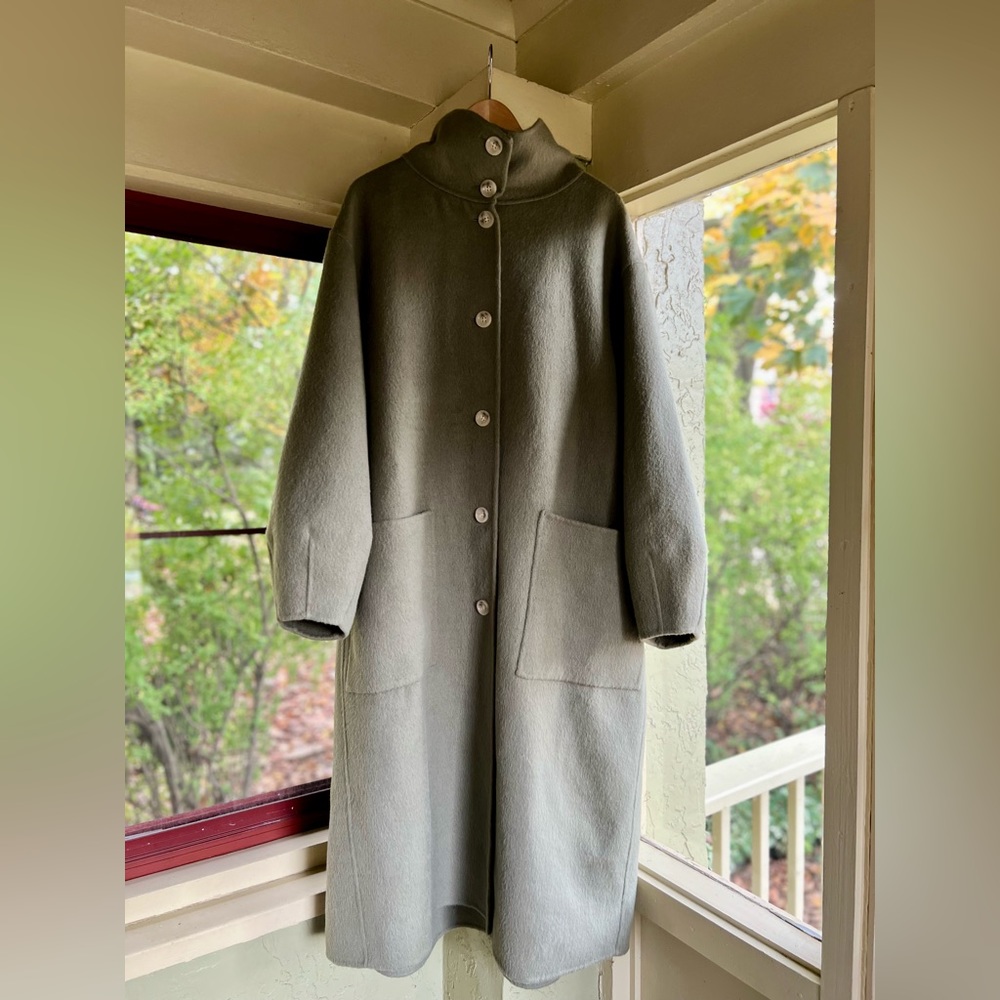 Funnel Collar Puff Sleeve Wool-Alpaca Coat (Army Green) - Gentle Herd